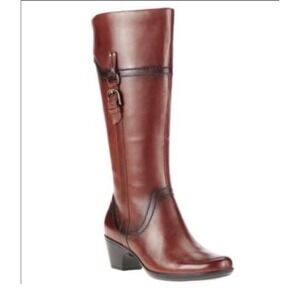 Clarks Ingalls Vicky Brown Leather Knee High Riding Boots Side Zip Buckle 9M